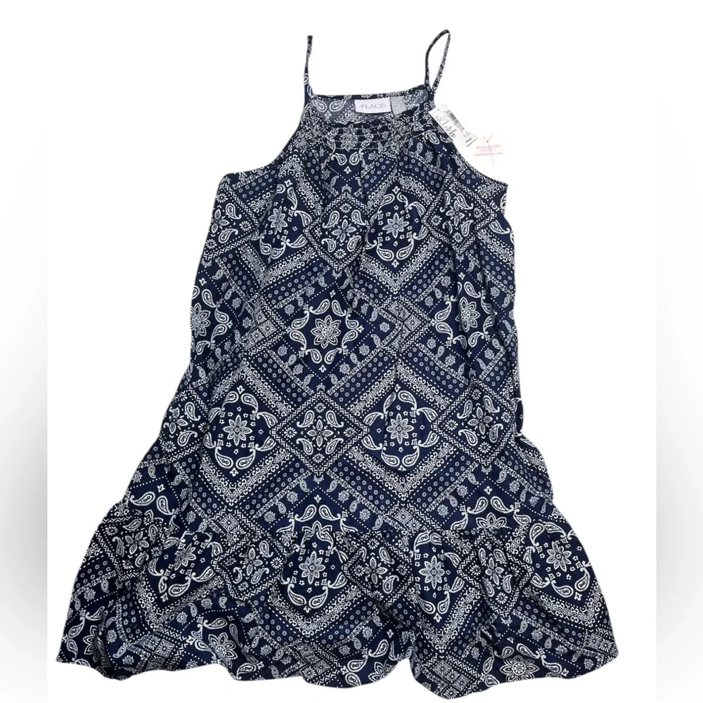 The Children’s Place Blue Bandana Ruffle Dress Girls Size Large NWT - Picture 1 of 9